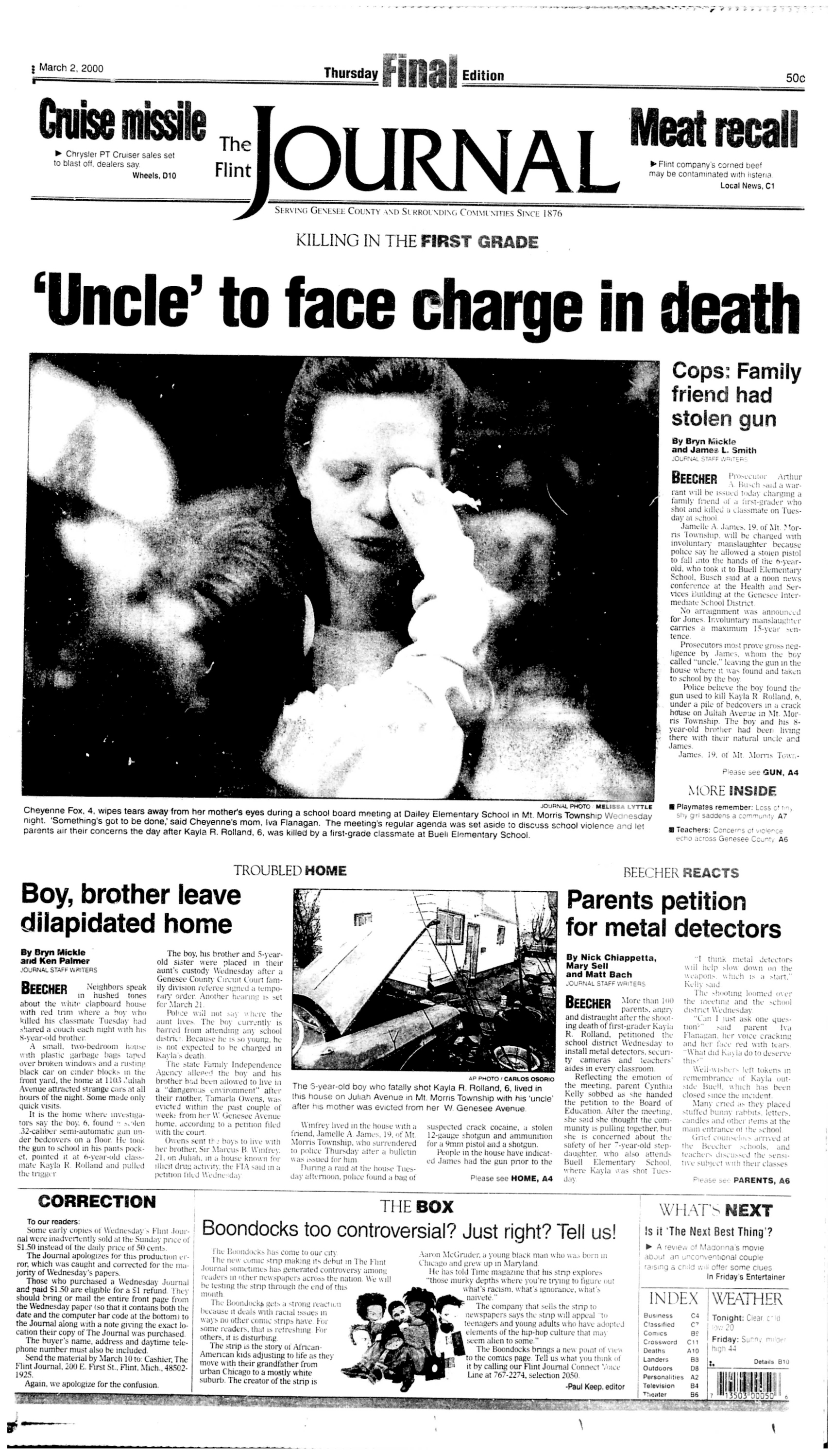 The Kayla Rolland shooting featured on the front page of The Flint Journal.