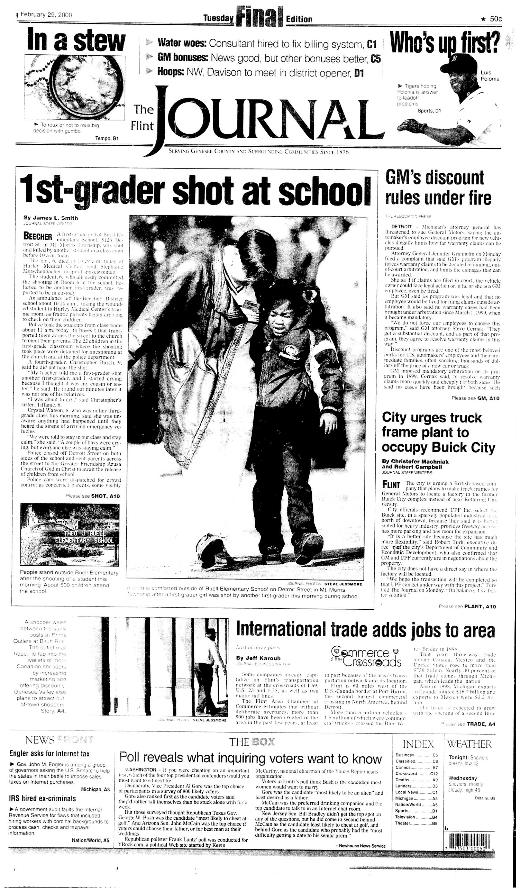 The shooting was featured on the front page of The Flint Journal.