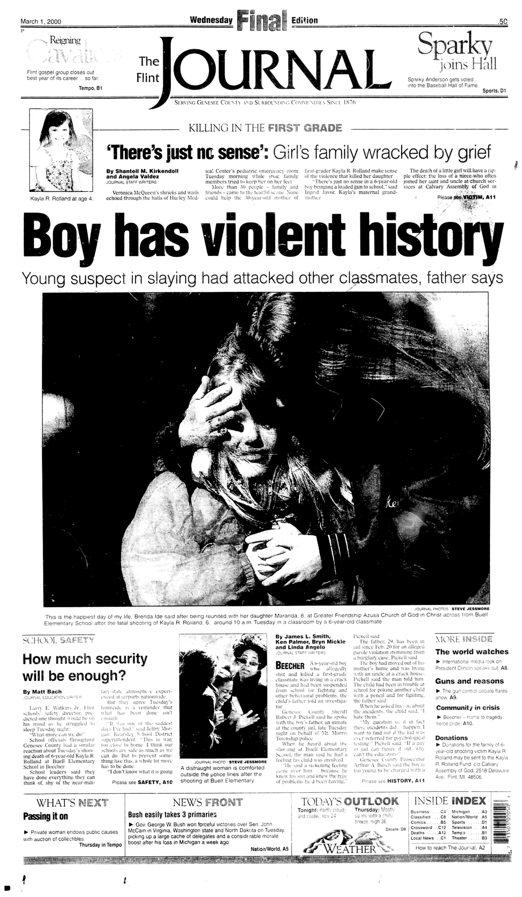The Kayla Rolland shooting was featured on the front page of The Flint Journal.