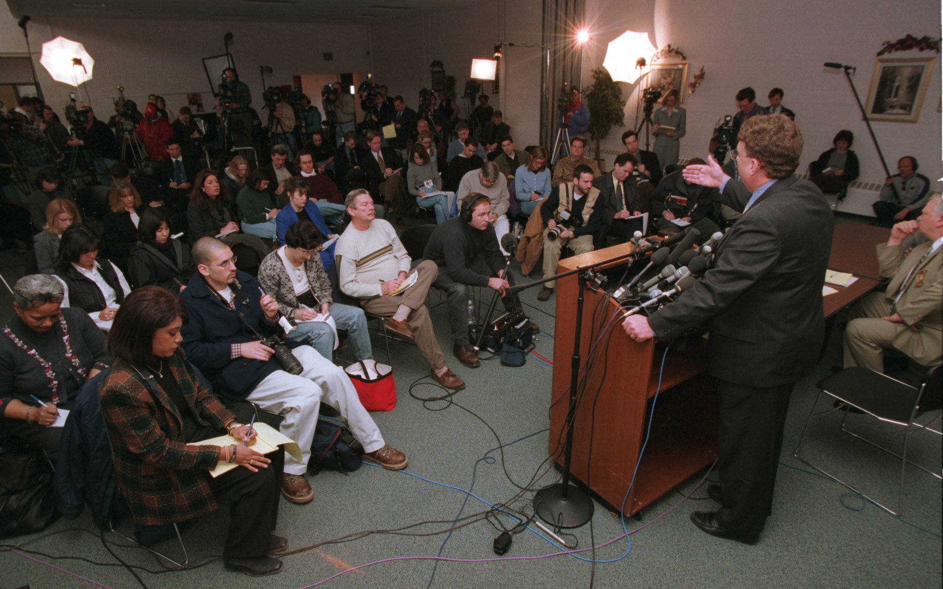 Genesee County prosecutor Arthur Busch answers questions from the media during a press conference on the Buell School shooting Thursday morning, March 2, 2000 at the Genesee Intermediate School District Health & Nutrition Services building in Mundy Twp. (Flint Journal File Photo by Jane Hale)