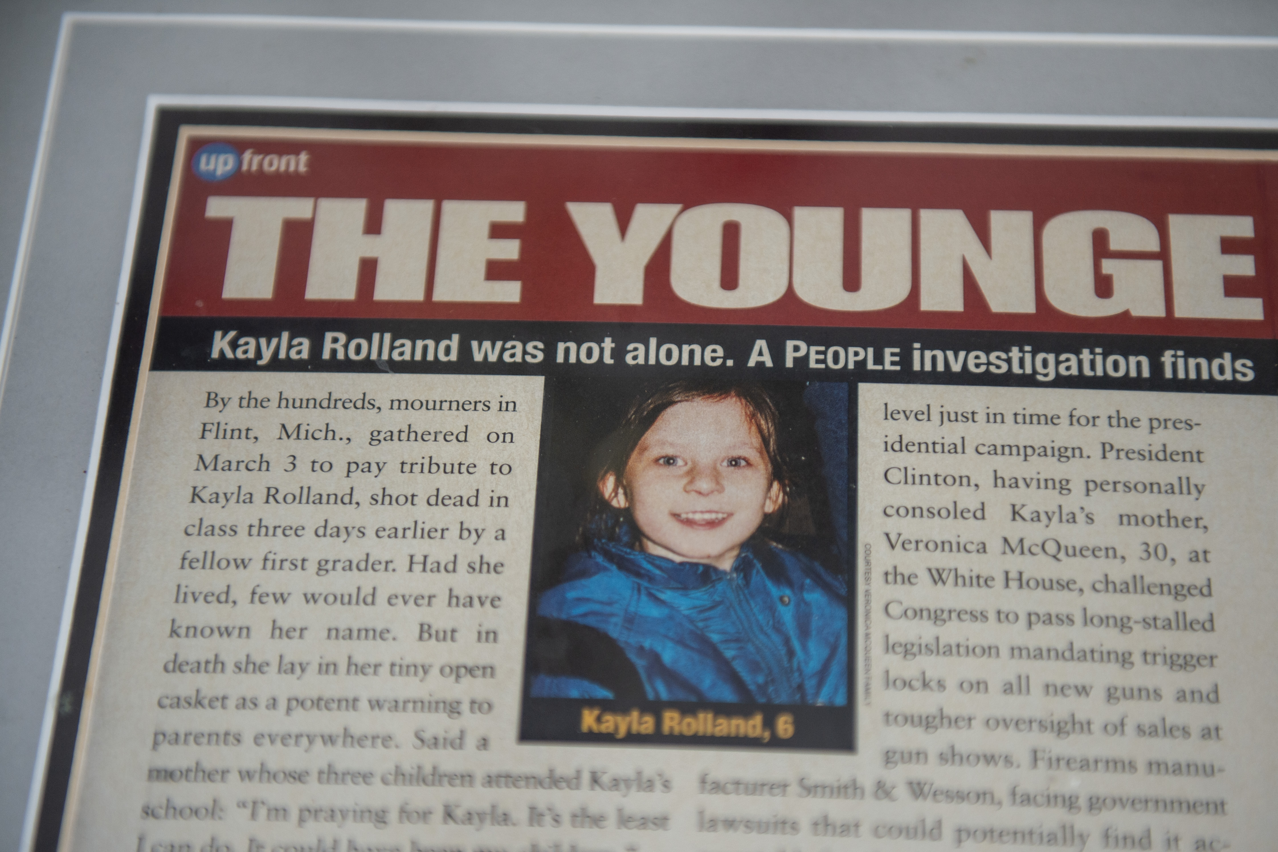 A look at a framed article that Elizabeth Krasinski keeps in Tawas City on Thursday, Feb. 20, 2020. Krasinski lost her sister, Kayla Rolland, 20 years ago in a school shooting when Rolland was only in first grade. In 2000, the story made national news as Rolland is amongst the youngest of school shooting victims.