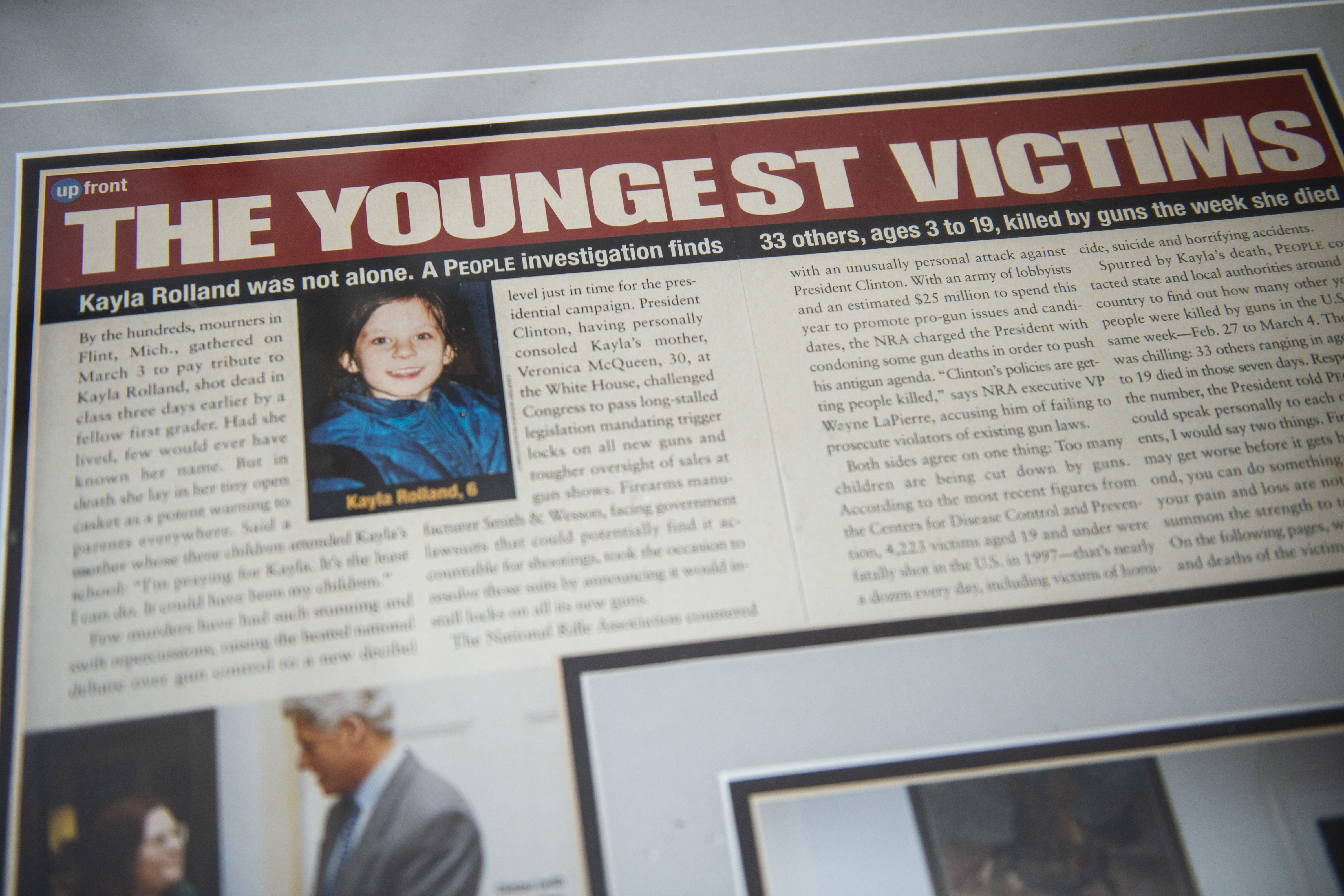 A look at a framed article that Elizabeth Krasinski keeps in Tawas City on Thursday, Feb. 20, 2020. Krasinski lost her sister, Kayla Rolland, 20 years ago in a school shooting when Rolland was only in first grade. In 2000, the story made national news as Rolland is amongst the youngest of school shooting victims.